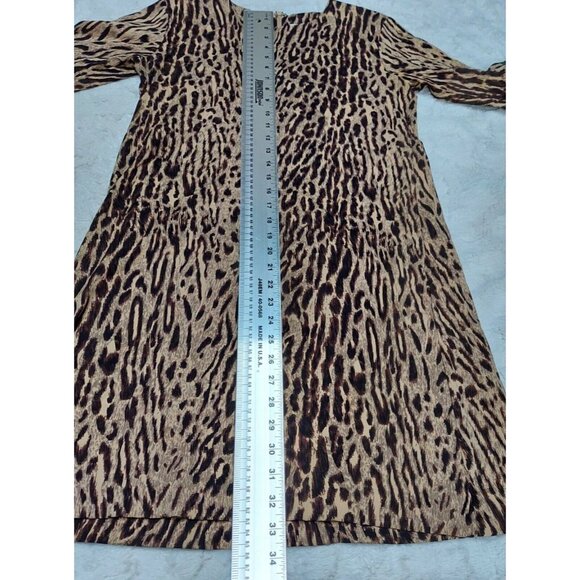 AKA New York XS Silk Brown Blend Animal Print Shift Dress 3/4 Sleeve Stretch - Picture 9 of 9